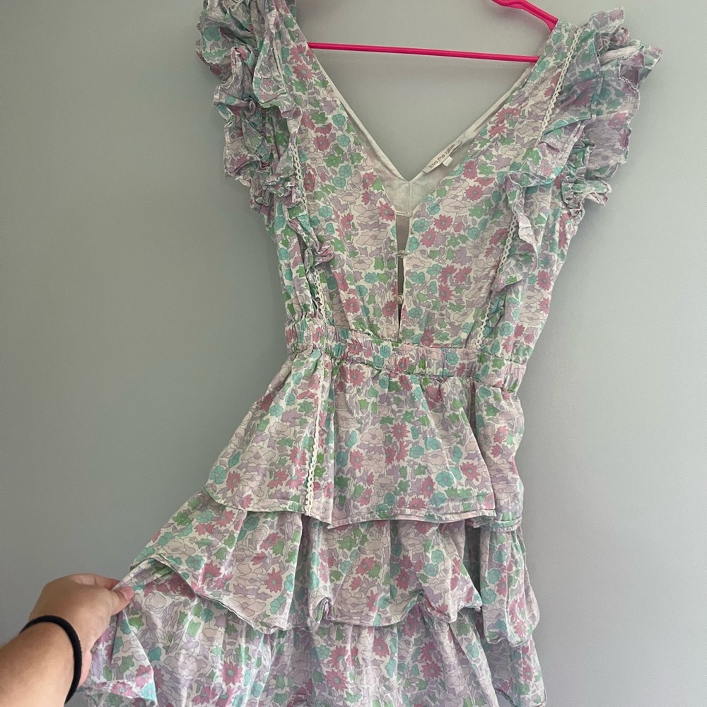 Anthropologie Love The Label Green and Pink Flower Ruffled Tiered Mini Dress